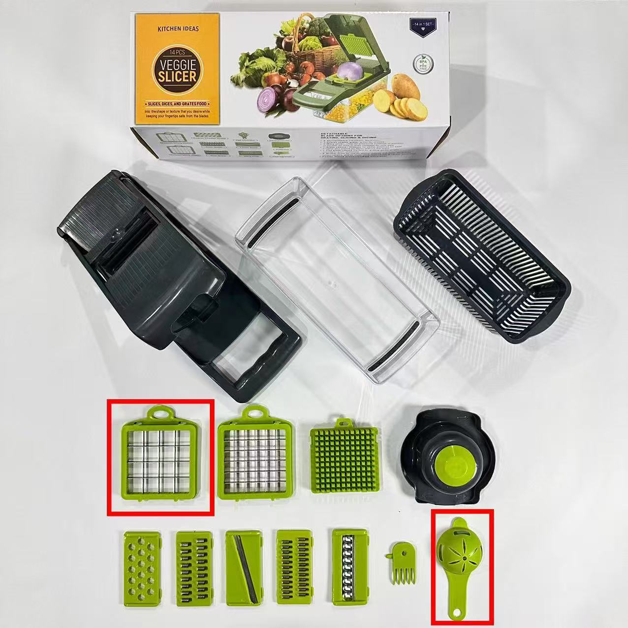 Multi-functional vegetable cutter, dice cutter, grater and slicer, essential for household use (14 Pcs)